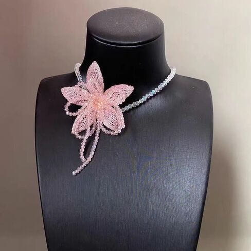 Statement Mesh Flower Earrings Choker for Women Summer Spring Pink Vintage Fashion Beaded Crystal Floral Stud Necklace for Beach Party Wedding in Saudi Arabia