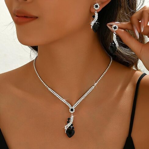 Jewelry Set Heart Necklace 2Pcs Prom Rhinestone Crystal Earrings Suits Wedding Bridal Banquet Formal Dress Decoration in Kuwait