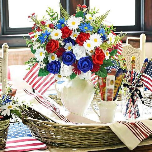 Patriotic Artificial Flower Bouquet Red White and Blue Roses and Daisies 4th of July Independence Day Memorial Day Table Centerpiece Holiday Party Art Decoration Supply in Saudi Arabia
