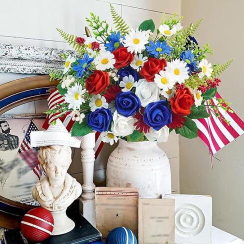 Patriotic Artificial Flower Bouquet Red White and Blue Roses and Daisies 4th of July Independence Day Memorial Day Table Centerpiece Holiday Party Art Decoration Supply in Saudi Arabia