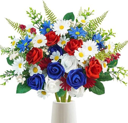Patriotic Artificial Flower Bouquet Red White and Blue Roses and Daisies 4th of July Independence Day Memorial Day Table Centerpiece Holiday Party Art Decoration Supply in Saudi Arabia
