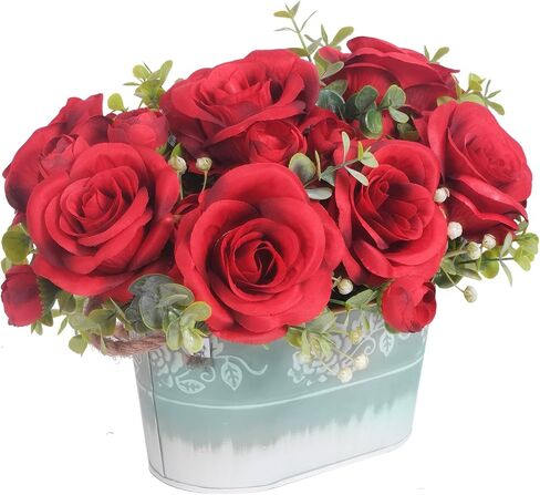 Artificial Rose Flower Arrangement for Table Centerpiece, Farmhouse Red Silk Flowers with Eucalyptus in Rustic Galvanized Metal Po Faux Floral Centerpiece for Dining Table, Home, Office Décor in Saudi Arabia