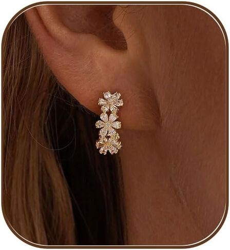 Ewrkbr Huggie Earrings for Women, Dainty Gold Earrings 14K Gold Plated CZ Flower Huggie Hoop Earrings for Women Trendy Hypoallergenic Cute Small Hoop Earrings Non Tarnish Drop Earrings Jewelry Gifts in Saudi Arabia