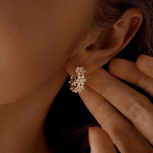 Ewrkbr Huggie Earrings for Women, Dainty Gold Earrings 14K Gold Plated CZ Flower Huggie Hoop Earrings for Women Trendy Hypoallergenic Cute Small Hoop Earrings Non Tarnish Drop Earrings Jewelry Gifts in Saudi Arabia