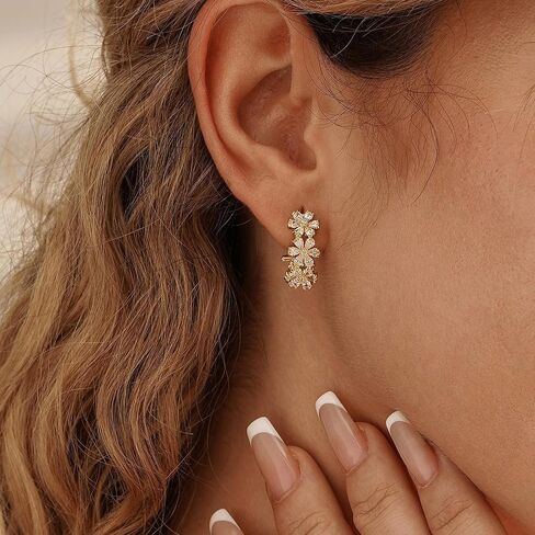 Ewrkbr Huggie Earrings for Women, Dainty Gold Earrings 14K Gold Plated CZ Flower Huggie Hoop Earrings for Women Trendy Hypoallergenic Cute Small Hoop Earrings Non Tarnish Drop Earrings Jewelry Gifts in Saudi Arabia