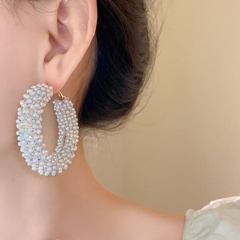 Exquisite Large Pearl Huggie Hoops Earrings for Women, Dainty Big 14K Gold Chunky Statement Pearls Cluster Earring Y2K Valentine Prom Jewelry Gifts in Saudi Arabia