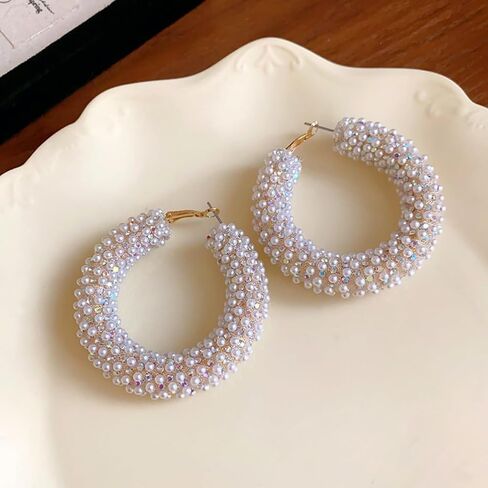 Exquisite Large Pearl Huggie Hoops Earrings for Women, Dainty Big 14K Gold Chunky Statement Pearls Cluster Earring Y2K Valentine Prom Jewelry Gifts in Saudi Arabia