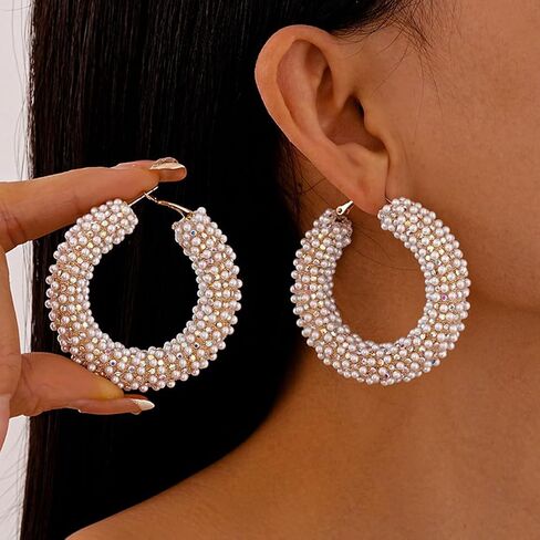 Exquisite Large Pearl Huggie Hoops Earrings for Women, Dainty Big 14K Gold Chunky Statement Pearls Cluster Earring Y2K Valentine Prom Jewelry Gifts in Saudi Arabia
