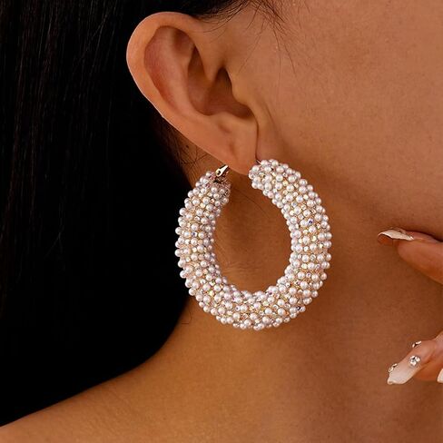 Exquisite Large Pearl Huggie Hoops Earrings for Women, Dainty Big 14K Gold Chunky Statement Pearls Cluster Earring Y2K Valentine Prom Jewelry Gifts in Saudi Arabia