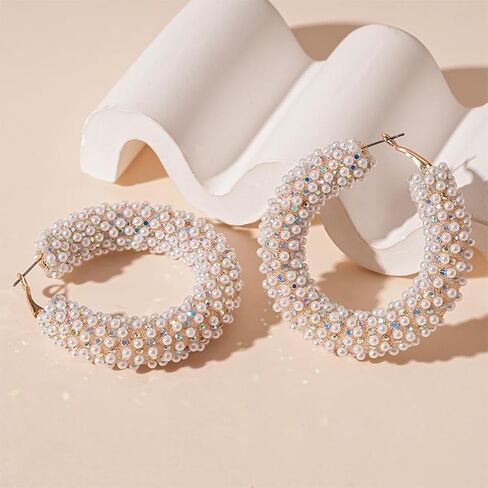 Exquisite Large Pearl Huggie Hoops Earrings for Women, Dainty Big 14K Gold Chunky Statement Pearls Cluster Earring Y2K Valentine Prom Jewelry Gifts in Saudi Arabia