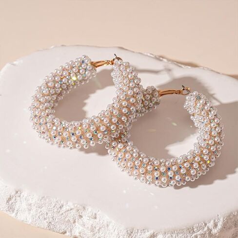 Exquisite Large Pearl Huggie Hoops Earrings for Women, Dainty Big 14K Gold Chunky Statement Pearls Cluster Earring Y2K Valentine Prom Jewelry Gifts in Saudi Arabia