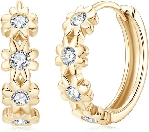14K Gold Over S925 Sterling Silver Daisy Flower Yellow Gold Hoop Earrings for Women,0.16ct.t.w. D-color VVS1 Clarity Diamond,Ideal Gift for Wife in Saudi Arabia