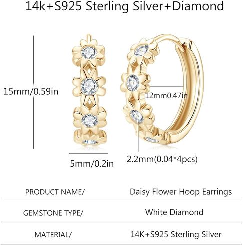 14K Gold Over S925 Sterling Silver Daisy Flower Yellow Gold Hoop Earrings for Women,0.16ct.t.w. D-color VVS1 Clarity Diamond,Ideal Gift for Wife in Kuwait