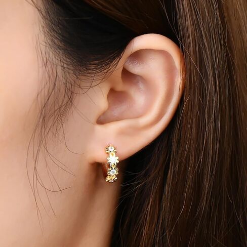 14K Gold Over S925 Sterling Silver Daisy Flower Yellow Gold Hoop Earrings for Women,0.16ct.t.w. D-color VVS1 Clarity Diamond,Ideal Gift for Wife in Kuwait