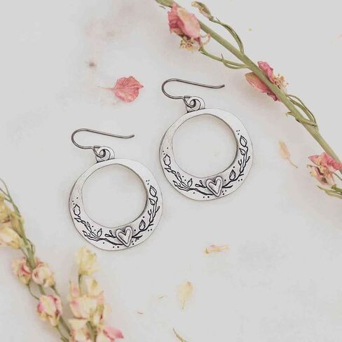 Pewter Hoop Earrings for Women Handmade Let Love Grow Floral Design Artisan Cast Fine Pewter Statement Hoops Romantic Gift Jewelry 1.5 Inch in Saudi Arabia
