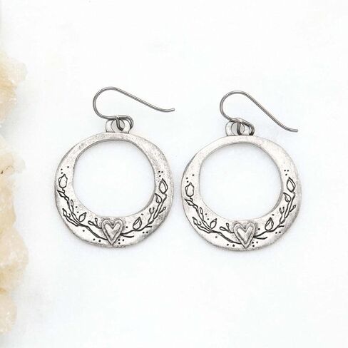 Pewter Hoop Earrings for Women Handmade Let Love Grow Floral Design Artisan Cast Fine Pewter Statement Hoops Romantic Gift Jewelry 1.5 Inch in Saudi Arabia