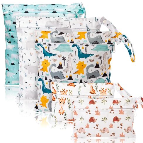 R HORSE 5 Pcs Waterproof Reusable Wet Bag Diaper Baby Cloth Diaper Wet Dry Bags with 2 Zippered Pockets Travel Beach Pool Bag with Polar Bear Dinosaur Animal Alphabet Crocodile Pattern (3 Sizes) in Saudi Arabia
