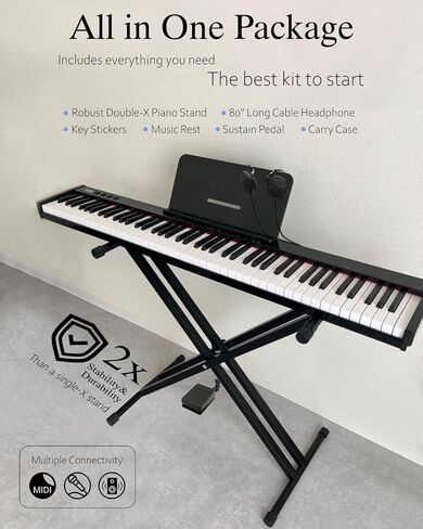 Longeye Piano Keyboard 88 Keys Compact Digital Piano for Beginners with Full Size Semi Weighted Keys, Sustain Pedal, Headphones, Carrying Case (88 Key With Stand, Black) in Kuwait