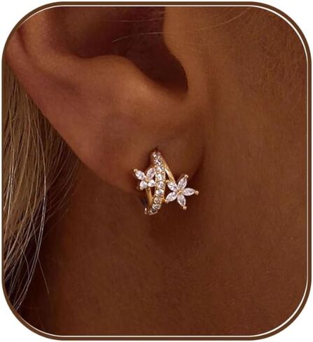 Ewrkbr Huggie Earrings for Women, Dainty Gold Earrings 14K Gold Plated CZ Flower Huggie Hoop Earrings for Women Trendy Hypoallergenic Cute Small Hoop Earrings Non Tarnish Drop Earrings Jewelry Gifts in Saudi Arabia
