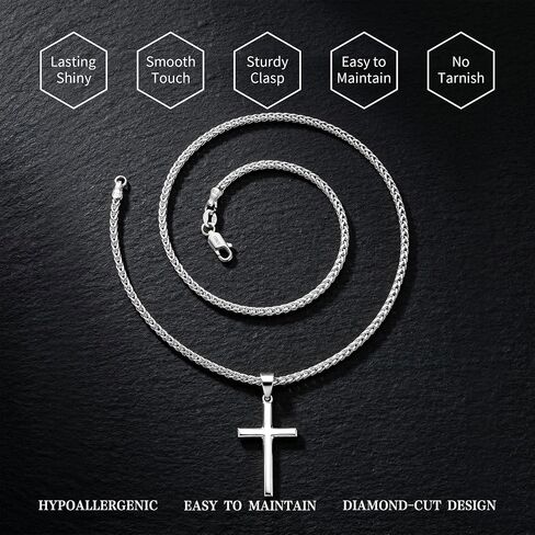 HIMSTORY 925 Sterling Silver Cross Necklace for Men, 3MM Durable Wheat Chain Silver Cross Necklace for Men Women Jewelry Gifts for Boyfriend Father Husband in Saudi Arabia