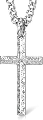 Cross Necklace for Men, Solid 925 Sterling Silver Chiseled Textured Pendant, Durable Stainless Steel Cuban Chain, Men's Jewelry Fathers Day Birthday Gifts for Him, Christian Baptism Gifts for Son in Saudi Arabia