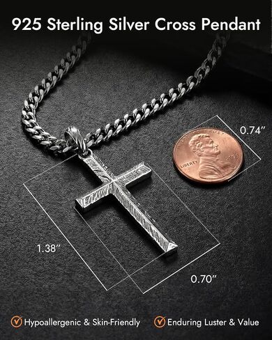 Cross Necklace for Men, Solid 925 Sterling Silver Chiseled Textured Pendant, Durable Stainless Steel Cuban Chain, Men's Jewelry Fathers Day Birthday Gifts for Him, Christian Baptism Gifts for Son in Saudi Arabia