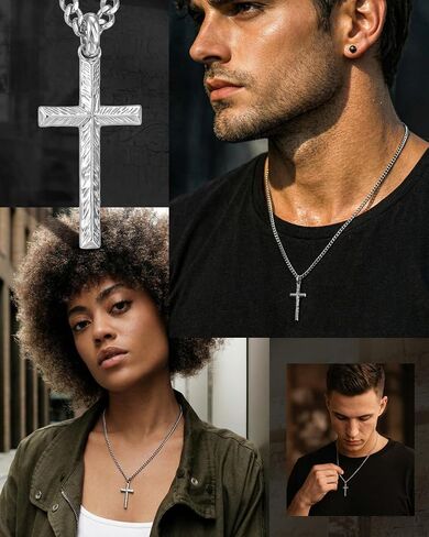 Cross Necklace for Men, Solid 925 Sterling Silver Chiseled Textured Pendant, Durable Stainless Steel Cuban Chain, Men's Jewelry Fathers Day Birthday Gifts for Him, Christian Baptism Gifts for Son in Saudi Arabia