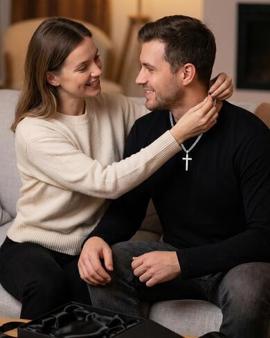 Cross Necklace for Men, Solid 925 Sterling Silver Chiseled Textured Pendant, Durable Stainless Steel Cuban Chain, Men's Jewelry Fathers Day Birthday Gifts for Him, Christian Baptism Gifts for Son in Saudi Arabia