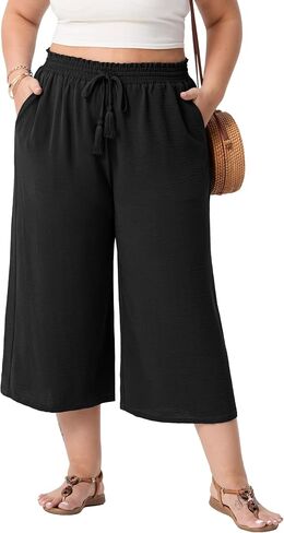 SHIJIALI Women's Plus Size Capri Pants Wide Leg High Waisted Casual Tassel Drawstring with Deep Pockets in Saudi Arabia