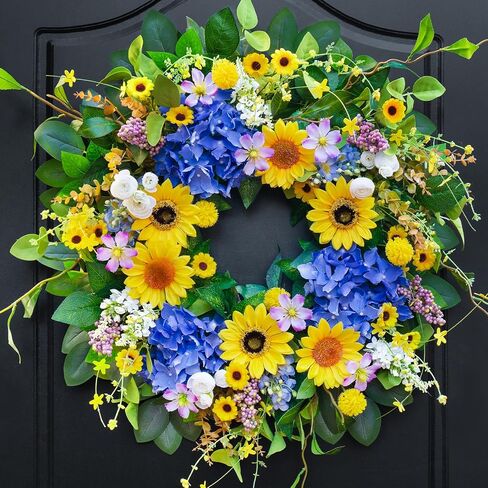 Spring Summer Wreaths for Front Door 24 Inch Artificial Eucalyptus Sunflower Daisy Flower Wreath,Lifelike Blue Hydrangea Floral Door Wreath for Mantel,Wedding Indoor Outdoor Home Wall Decor in Kuwait