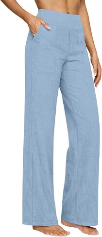 Women Linen Pants High Waist Wide Leg Elastic Waist Casual Summer Beach Vacation Trousers with Pockets in Kuwait