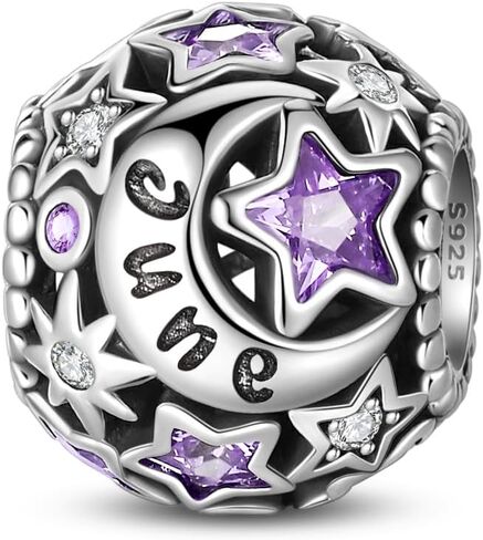 PARCOM 925 Sterling Silver Birthstone Star & Moon Bead Charms with Cubic Zirconia - 12 Months Birthstones, Compatible with Pandora & European Bead Charms Bracelets,Celestial Birthday Jewelry Gift for Women in Saudi Arabia