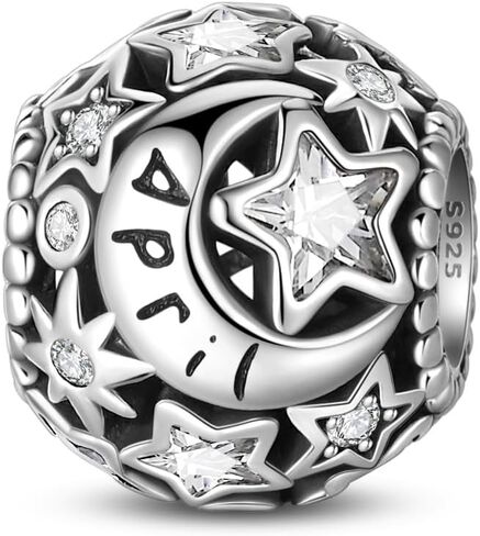 PARCOM 925 Sterling Silver Birthstone Star & Moon Bead Charms with Cubic Zirconia - 12 Months Birthstones, Compatible with Pandora & European Bead Charms Bracelets,Celestial Birthday Jewelry Gift for Women in Saudi Arabia