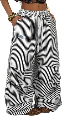 Women Wide Leg Cargo Pants Striped High Waisted Baggy Lounge Trousers with Pockets Casual Y2K in Saudi Arabia