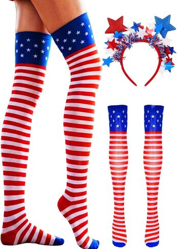 4 of July Stocking Headband Patriotic Costume for Women | Striped Over Knee Red White Blue Independency Day Stockings and Hair Hoop in Saudi Arabia