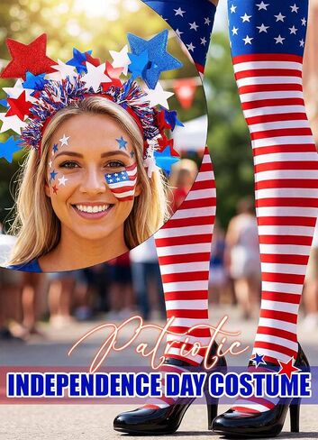4 of July Stocking Headband Patriotic Costume for Women | Striped Over Knee Red White Blue Independency Day Stockings and Hair Hoop in Saudi Arabia
