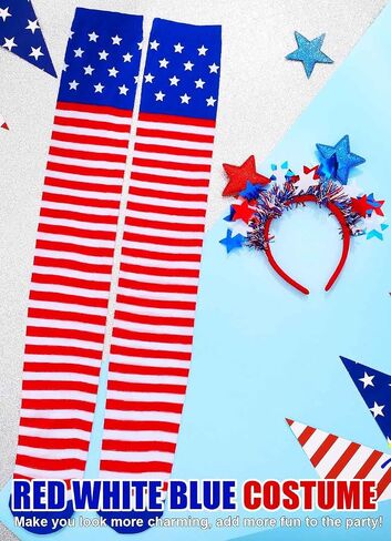 4 of July Stocking Headband Patriotic Costume for Women | Striped Over Knee Red White Blue Independency Day Stockings and Hair Hoop in Saudi Arabia