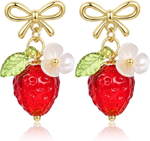 Cute Strawberry Earrings for Women, Bow Knot 3D Fruit Earring Glass Bead Strawberry Stud Jewelry for Summer Party Birthday Halloween in Saudi Arabia