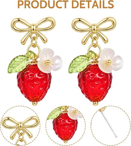 Cute Strawberry Earrings for Women, Bow Knot 3D Fruit Earring Glass Bead Strawberry Stud Jewelry for Summer Party Birthday Halloween in Saudi Arabia