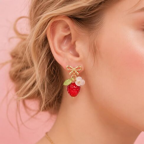 Cute Strawberry Earrings for Women, Bow Knot 3D Fruit Earring Glass Bead Strawberry Stud Jewelry for Summer Party Birthday Halloween in Saudi Arabia