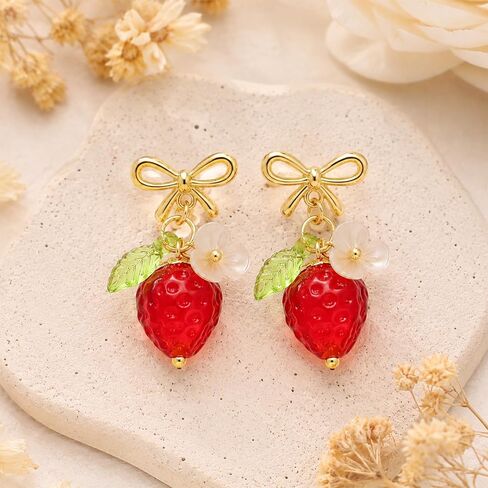 Cute Strawberry Earrings for Women, Bow Knot 3D Fruit Earring Glass Bead Strawberry Stud Jewelry for Summer Party Birthday Halloween in Saudi Arabia