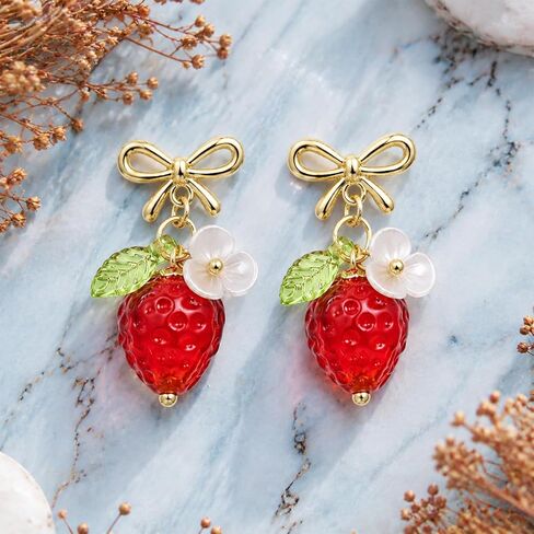 Cute Strawberry Earrings for Women, Bow Knot 3D Fruit Earring Glass Bead Strawberry Stud Jewelry for Summer Party Birthday Halloween in Saudi Arabia