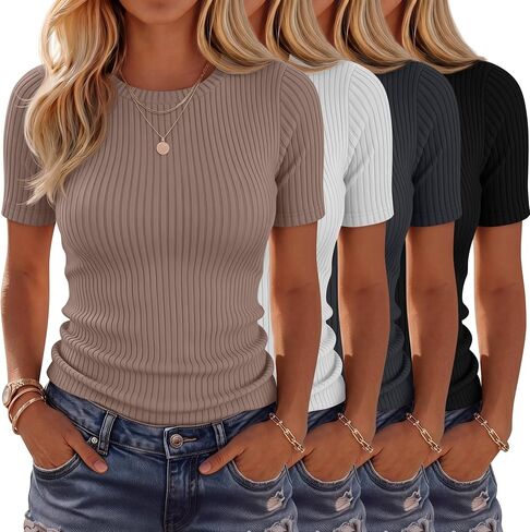 Neer 4 Pack Women's Short Sleeve T-Shirts Cotton Slim Fitted Ribbed Tops Crew Neck Summer Casual Shirt Basic Tight Tees 2026 in Kuwait