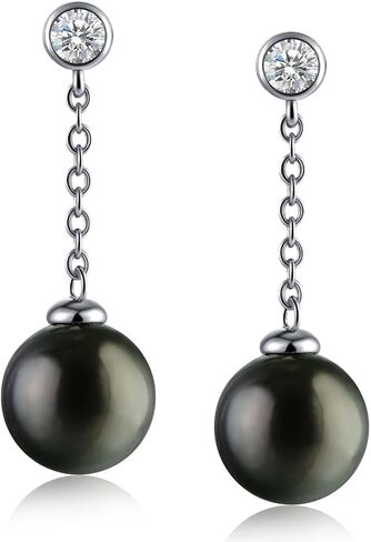 Lunar Belle Tahitian Black Pearl Tear Drop Earrings with Moissanite Accents in Sterling Silver, Elegant Dangling Jewelry Gifts for Women (Abyssal Tear Drop) in Saudi Arabia