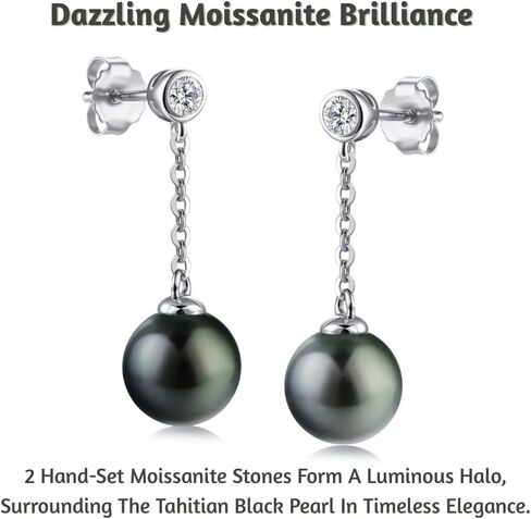 Lunar Belle Tahitian Black Pearl Tear Drop Earrings with Moissanite Accents in Sterling Silver, Elegant Dangling Jewelry Gifts for Women (Abyssal Tear Drop) in Saudi Arabia