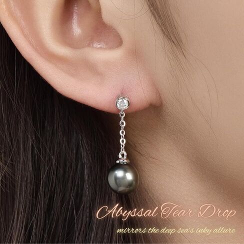 Lunar Belle Tahitian Black Pearl Tear Drop Earrings with Moissanite Accents in Sterling Silver, Elegant Dangling Jewelry Gifts for Women (Abyssal Tear Drop) in Saudi Arabia