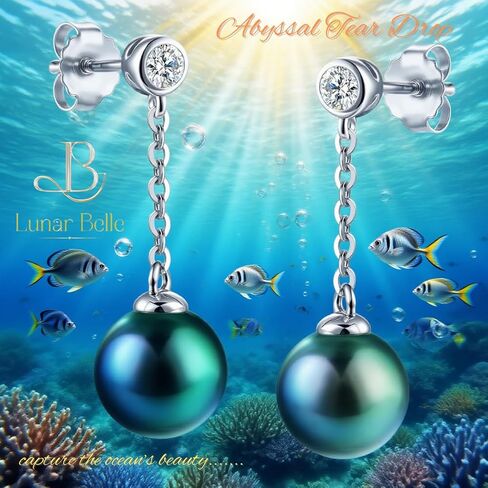 Lunar Belle Tahitian Black Pearl Tear Drop Earrings with Moissanite Accents in Sterling Silver, Elegant Dangling Jewelry Gifts for Women (Abyssal Tear Drop) in Saudi Arabia