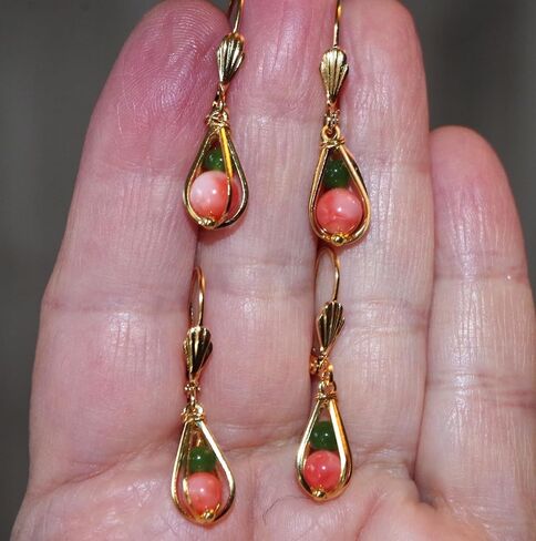 35th Anniversary Angel Skin Seed Coral & Jade Round Caged Teardrop 14k GF Leverback Earrings in Kuwait