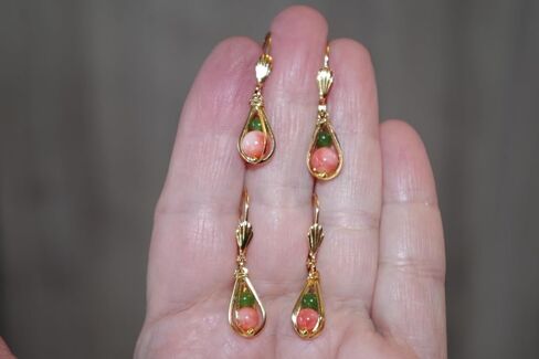 35th Anniversary Angel Skin Seed Coral & Jade Round Caged Teardrop 14k GF Leverback Earrings in Kuwait