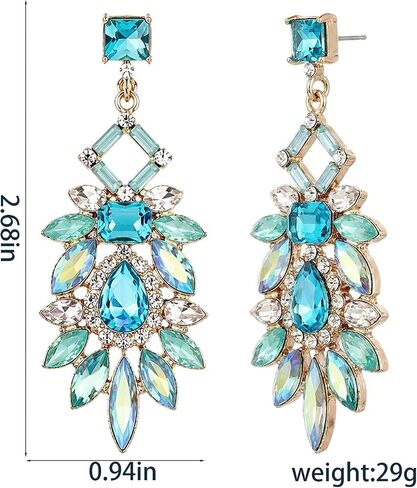 1 Pair Art Deco Teal Earrings for Women Sparkling Rhinestone Drop Dangle Elegant Chic Style Statement Aqua Earrings for Prom Wedding Evening Party Wear Jewelry Accessories Crystal Plated in Saudi Arabia